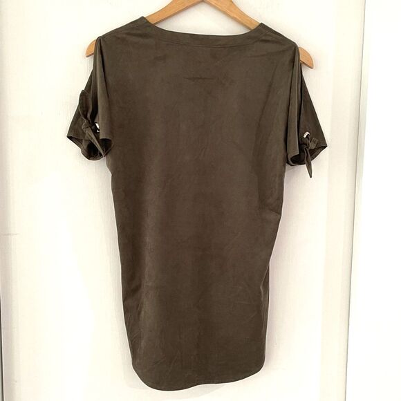 Raffinalla Womens Short Sleeve Micro Suede Top Gray Sz 2 Tie Grommet Round Neck - Picture 3 of 11